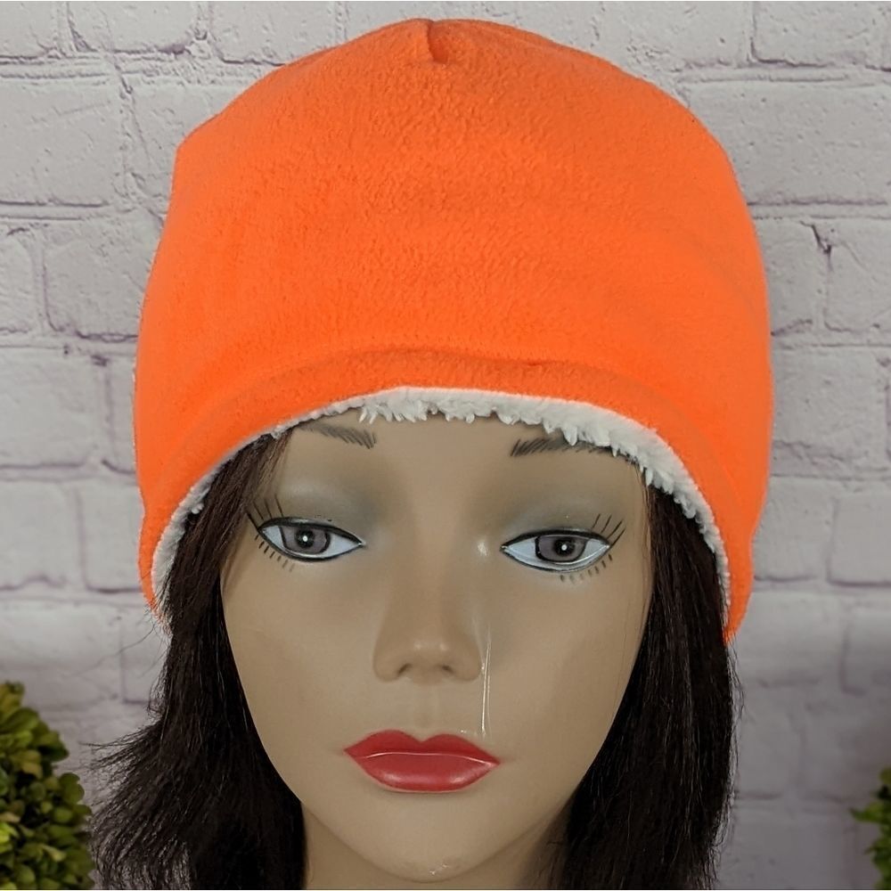 Neon Orange Sherpa-Lined Fleece Beanie